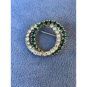 Vintage Double Oval Green & Clear Rhinestone Brooch